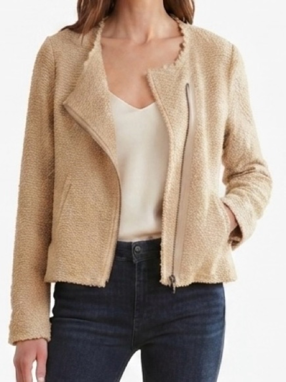 Anthropologie Cartonnier Cream Bouclé Tweed Asymmetrical Zip Blazer Size Large